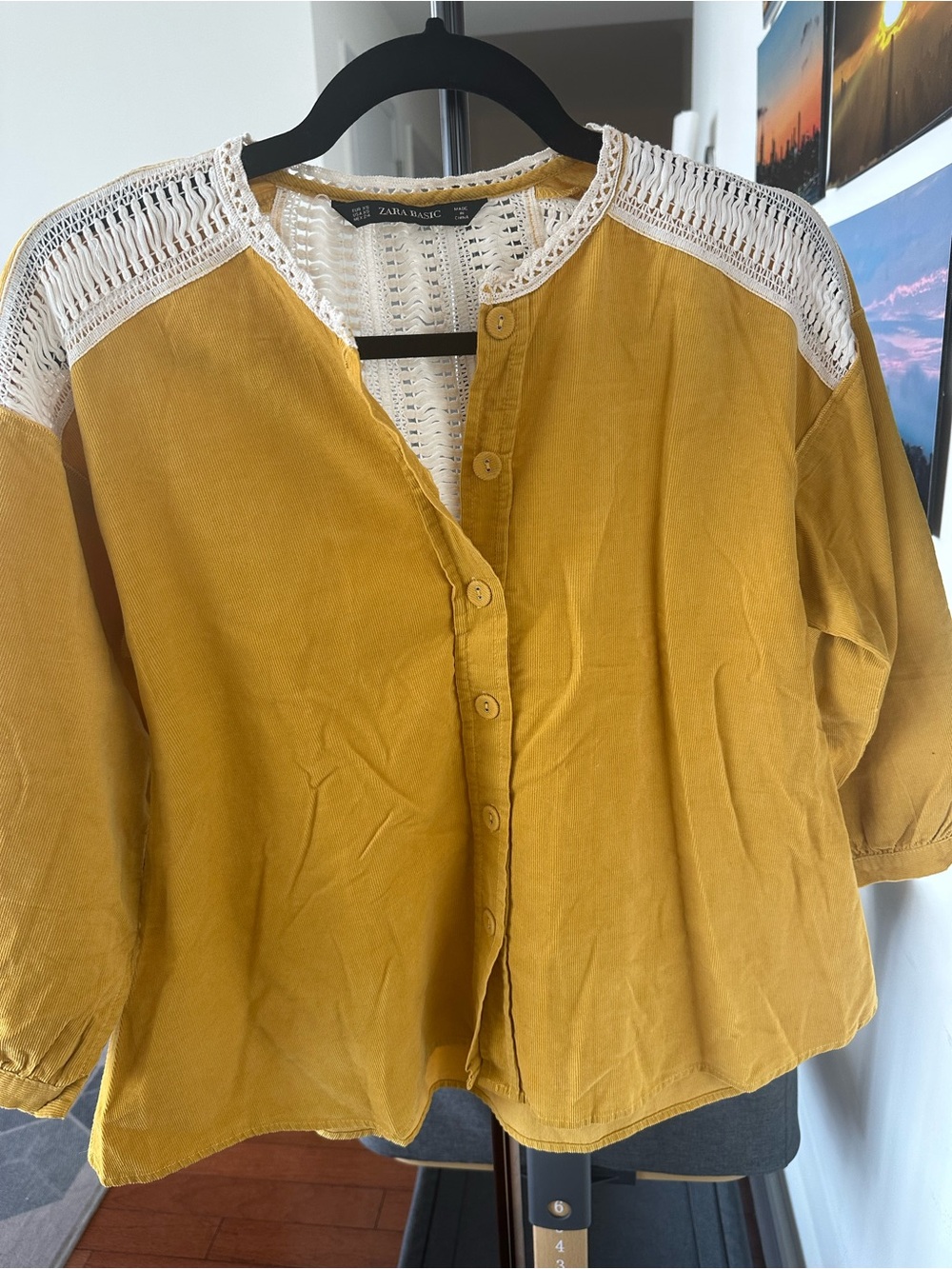 Zara Mustard Button-Down Top with White Crochet Shoulders